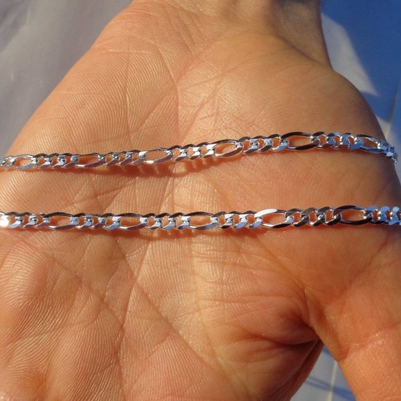 Solid Sterling Silver Figaro Chain Real 925 Silver Necklace Stamped 925 ITALY - Picture 2 of 4
